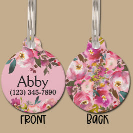 Boho Pink Floral Pet Kat Hond ID Label Huisdierpenning