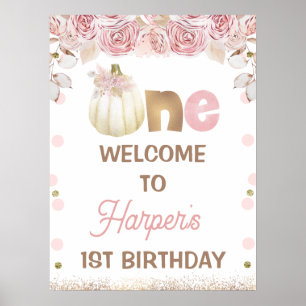 Boho Pink Floral Pumpkin 1e verjaardag Poster