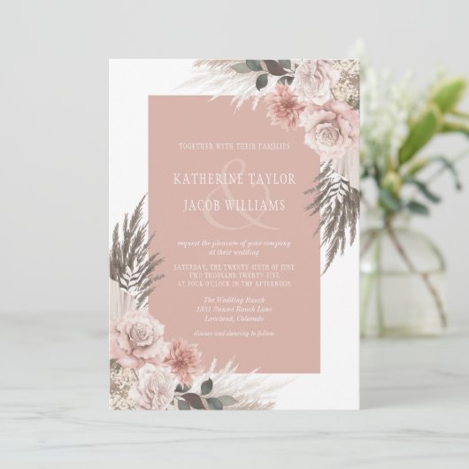 Boho Pink Floral QR Code RSVP Weddenschap Kaart (Staand voorkant)