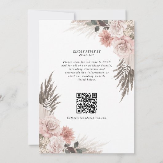 Boho Pink Floral QR Code RSVP Weddenschap Kaart (Achterkant)