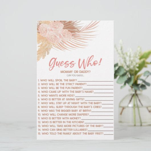 Boho Pink Floral Raad eens wie! Baby shower spel Briefpapier (Staand voorkant)