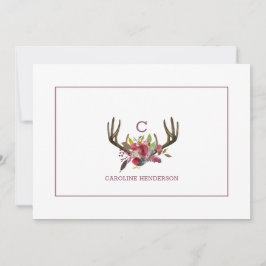 Boho Pink Floral Waterverf Antlers Monogram Notitiekaartje