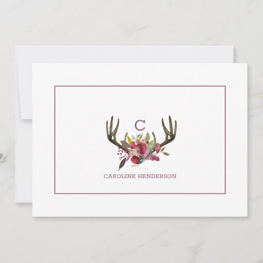 Boho Pink Floral Waterverf Antlers Monogram Notitiekaartje (Voorkant)