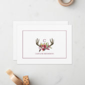 Boho Pink Floral Waterverf Antlers Monogram Notitiekaartje (Voorkant / Achterkant in situ)