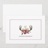 Boho Pink Floral Waterverf Antlers Monogram Notitiekaartje (Voorkant / Achterkant)