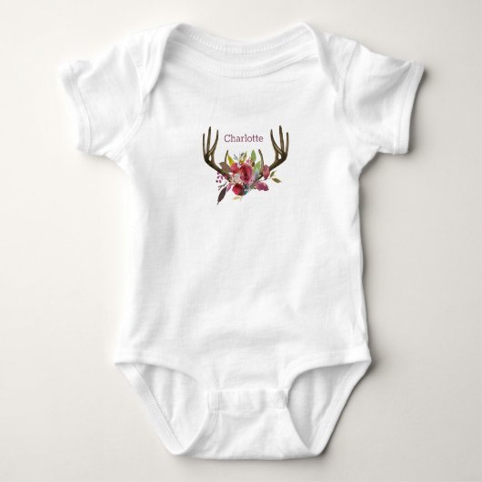 Boho Pink Floral Waterverf Antlers Monogram Romper (Voorkant)