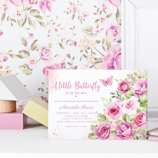 Boho Pink Floral Waterverf Butterfly Baby shower Kaart