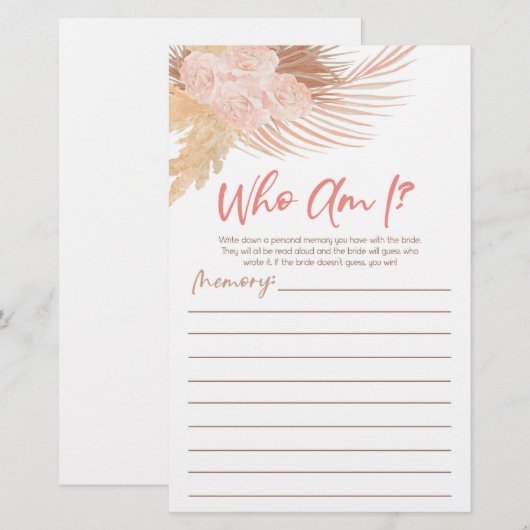 Boho Pink Floral Wie ben ik Vrijgezellenfeest spel Briefpapier (Voorkant / Achterkant)