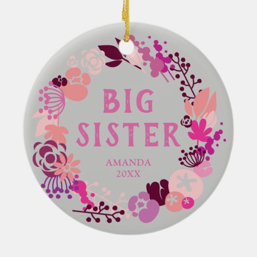 Boho Pink Floral Wreath Specialized Big Sister Keramisch Ornament (Achterkant)
