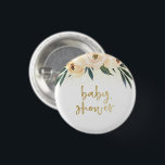Boho Pink Flowers & Gold Baby shower Ronde Button 3,2 Cm<br><div class="desc">Een roemenvormig ontwerp met "baby shower" in een geborsteld goudschrift dat met de hand is geschilderd en bloemen en gouden confetti met stomp roze waterverf. Dit ontwerp is geweldig voor douches met een openlucht- of bloementhema.</div>
