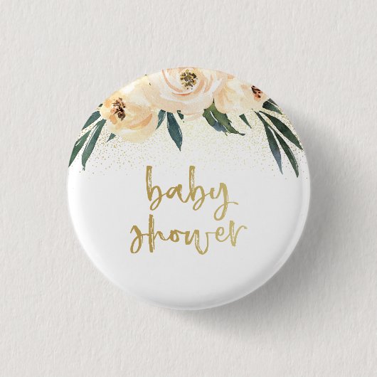 Boho Pink Flowers & Gold Baby shower Ronde Button 3,2 Cm (Voorkant)