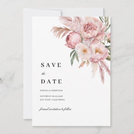Boho Pink Flowers Pampas Grass Save the Date V.2 Kaart (Voorkant)