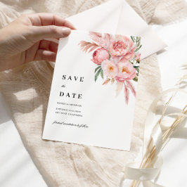 Boho Pink Flowers Pampas Grass Save the Date V.2 Kaart
