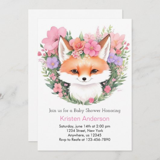 Boho Pink Fox Wildflower Meisje Baby shower Kaart (Voorkant / Achterkant)