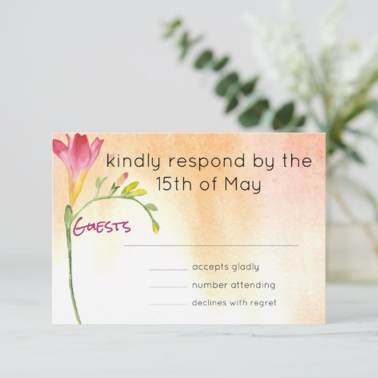 Boho Pink Freesia Sunset Response RSVP Kaartje (Staand voorkant)
