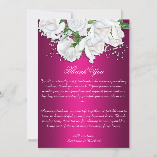 Boho Pink Fuchsia and White Roses Wedding Bedankkaart (Voorkant)