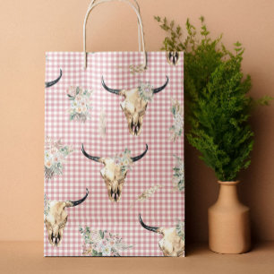 Boho Pink Gingham Koe Schedel Bloemen Groot Cadeauzakje