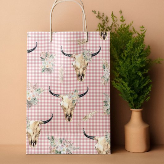 Boho Pink Gingham Koe Schedel Bloemen Groot Cadeauzakje
