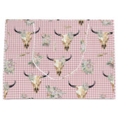 Boho Pink Gingham Koe Schedel Bloemen Groot Cadeauzakje (Voorkant)
