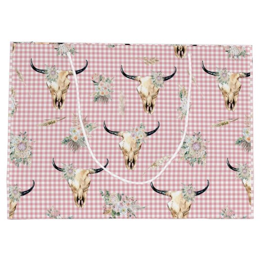 Boho Pink Gingham Koe Schedel Bloemen Groot Cadeauzakje (Achterkant)