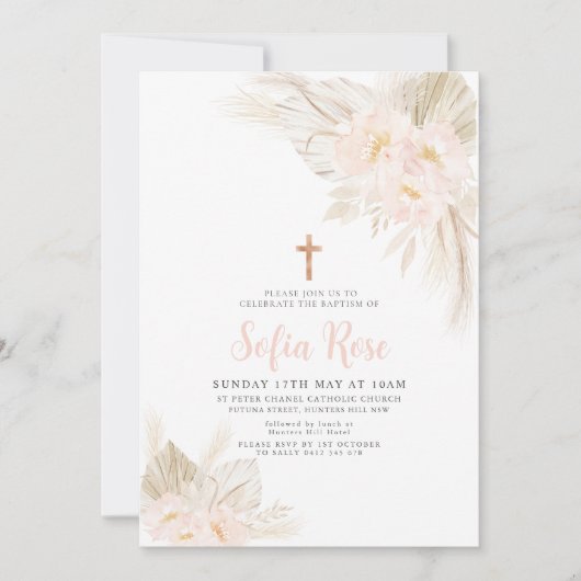 Boho Pink Girls Christening Baptism Uitnodiging (Voorkant)