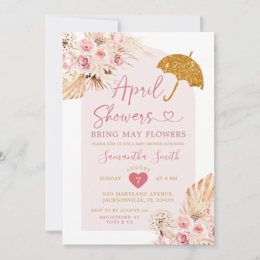 Boho Pink Gold April Showers Baby shower Kaart (Voorkant)