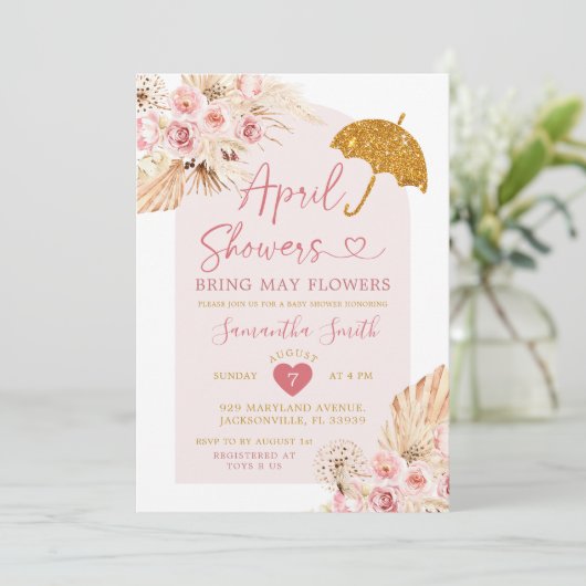 Boho Pink Gold April Showers Baby shower Kaart (Staand voorkant)