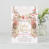 Boho Pink Gold Dreamcatcher Baby shower Uitnodigin Kaart (Staand voorkant)