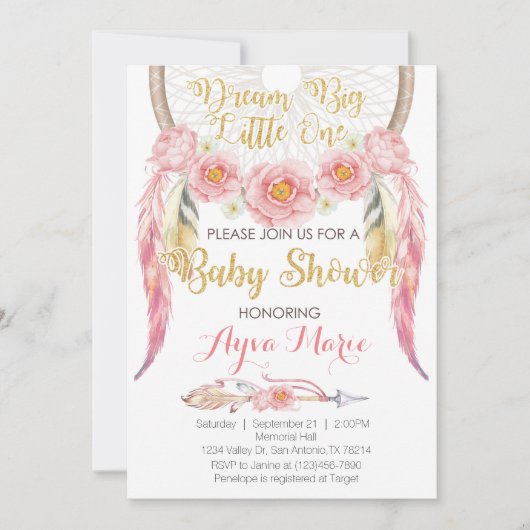 Boho Pink Gold Dreamweaver Baby shower Uitnodiging (Voorkant)