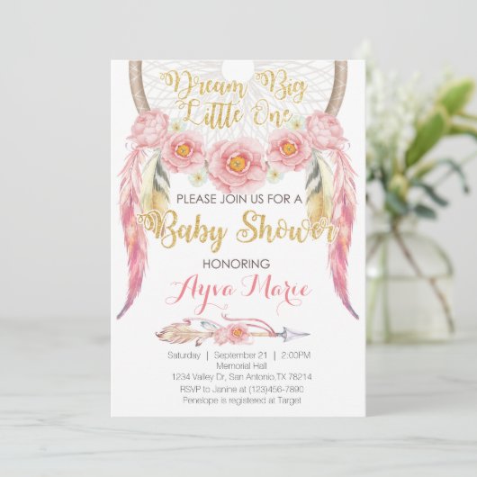 Boho Pink Gold Dreamweaver Baby shower Uitnodiging (Staand voorkant)
