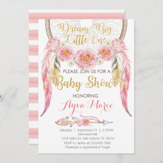 Boho Pink Gold Dreamweaver Baby shower Uitnodiging (Voorkant / Achterkant)