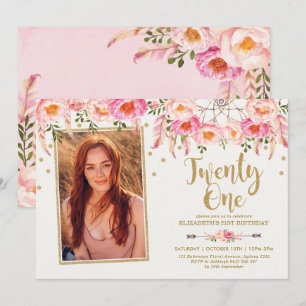 Boho Pink Gold Floral Dreamweaver 21e verjaardag Kaart