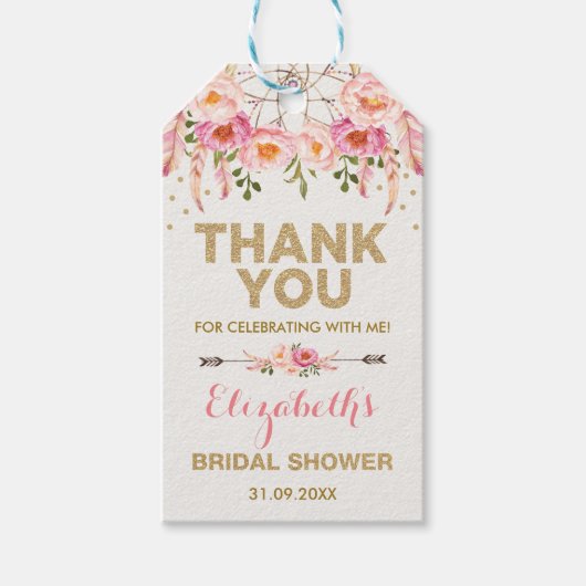 Boho Pink Gold Flowers Vrijgezellenfeest Favoriete Cadeaulabel (Voorkant)