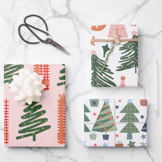 Boho Pink Green Blue Kerstbomen Holiday Inpakpapier Vel (Voorkant)