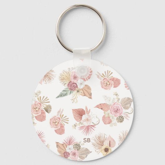 Boho Pink Green Brown Floral Keychain (Voorkant)