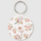 Boho Pink Green Brown Floral Keychain (Achterkant)