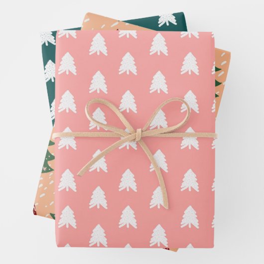 Boho Pink Green Red White Kerstbomen Holiday Inpakpapier Vel (In situ)