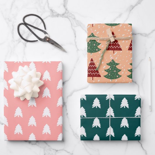 Boho Pink Green Red White Kerstbomen Holiday Inpakpapier Vel (Voorkant)