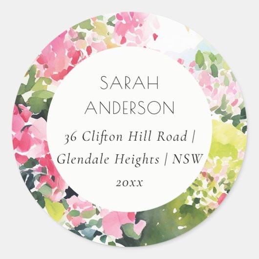 Boho Pink Green Tropical Bougainvillea Adres Ronde Sticker (Voorkant)