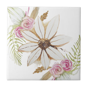 Boho Pink Green White Floral Decoratief Tegeltje