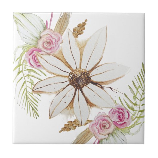 Boho Pink Green White Floral Decoratief Tegeltje (Voorkant)