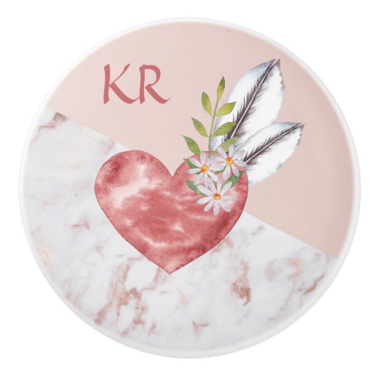 Boho Pink Heart Feathers Daisy Marble Pattern Keramische Knop (Voorkant)