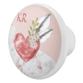 Boho Pink Heart Feathers Daisy Marble Pattern Keramische Knop (Rechts)