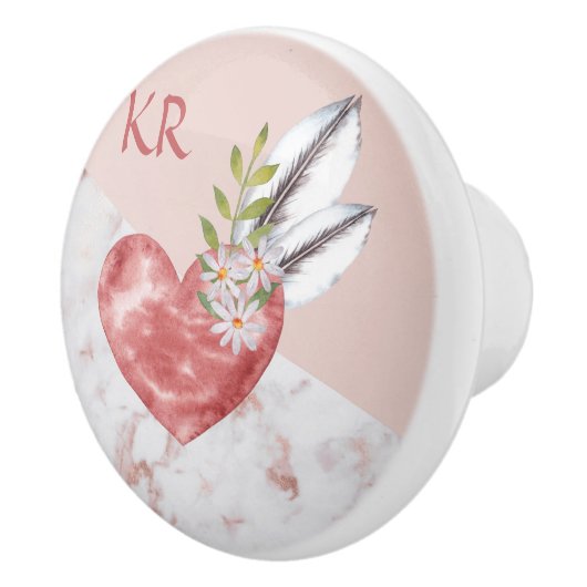 Boho Pink Heart Feathers Daisy Marble Pattern Keramische Knop (Rechts)