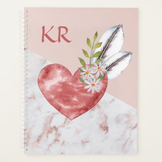 Boho Pink Heart Feathers Daisy Marble Pattern Planner (Voorkant)