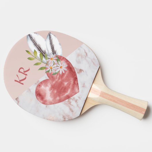 Boho Pink Heart Feathers Daisy Marble Pattern Tafeltennisbatje (Zijkant)