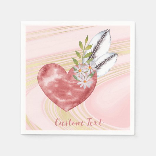 Boho Pink Heart Feathers Gepersonaliseerd Servet (Voorkant)