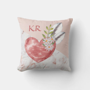 Boho Pink Heart Feathers Marble Pattern Initialen Kussen