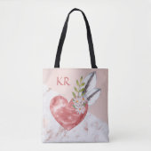 Boho Pink Heart Feathers Marble Pattern Initialen Tote Bag (Voorkant)