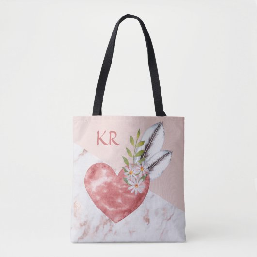 Boho Pink Heart Feathers Marble Pattern Initialen Tote Bag (Voorkant)